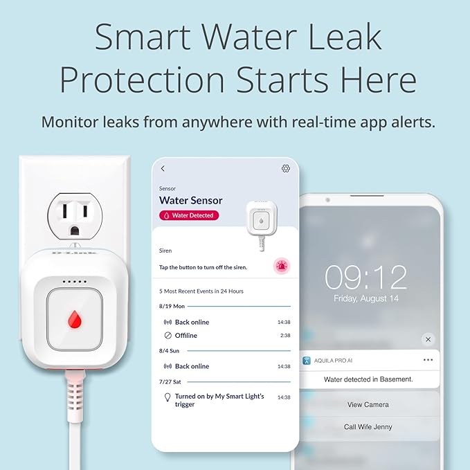 D-Link Next-Gen WiFi Water Leak Detector Starter Kit with 2 sensors—Loud 100 dB Sound Alarm—App Alert—LED Strobe Light—No Hub Required—Works with Google—1000ft Ultra-Long Range—Expandable (SW-A11KT)