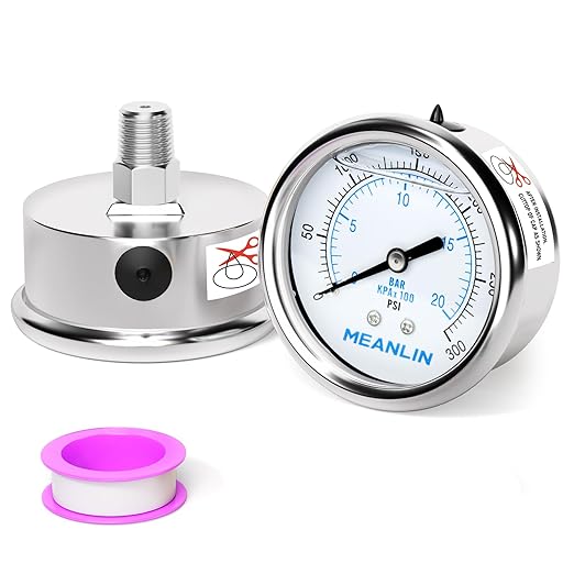 MEANLIN MEASURE 0~300Psi Liquid Filled Pressure Gauge Stainless Steel with 316 Stainless Steel Joint 1/4" NPT 2.5" FACE DIAL for Air Compressor Air Regulator Water Filter Center Back Mount