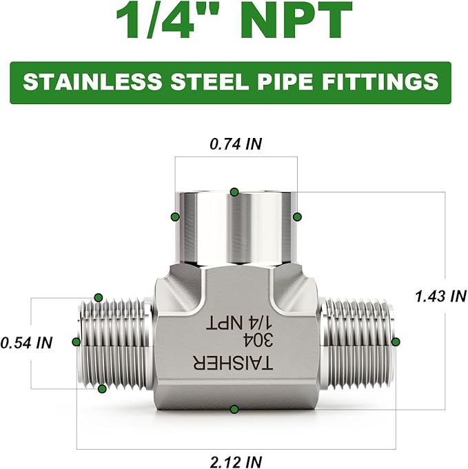 TAISHER 1PCS Forging of 304 Stainless Steel Tee Pipe Fittings, 1/4" NPT Male x 1/4" NPT Female x 1/4" NPT Male Pipe Fittings, Female Branch Tee