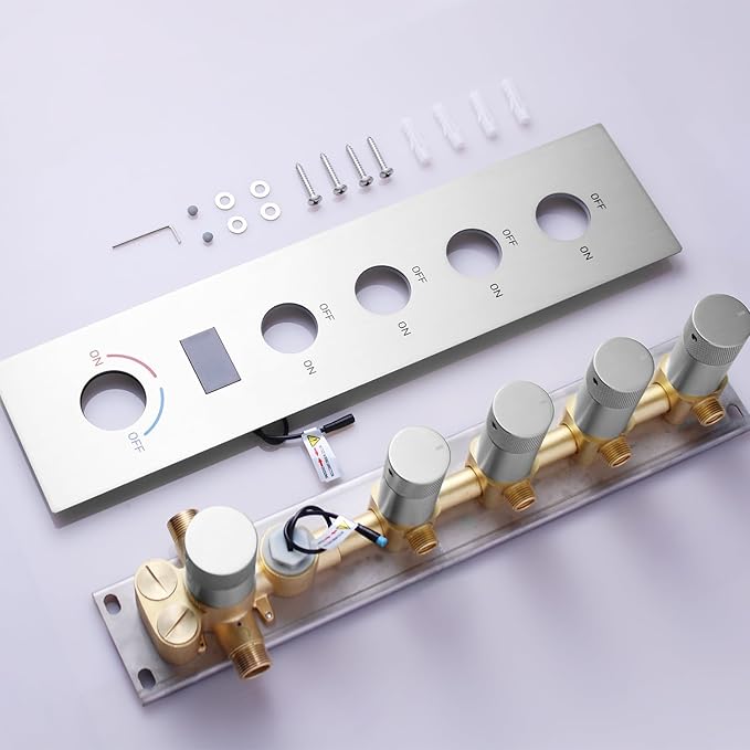 4 Way Shower Diverter Valve with Temperature Display Brass Rough-In Shower Mixing Valve Kit Replacement Can Work At The Same Time, Brushed Nickel