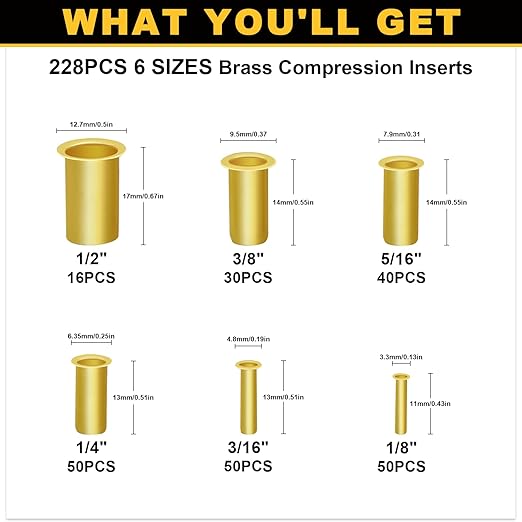 Siptenk 236PCS Brass Compression Tube Inserts for OD 1/2" 3/8" 5/16" 1/4" 3/16" 1/8", 6 Sizes Tubing Insert Brass Ferrule Fitting Assortment Kit