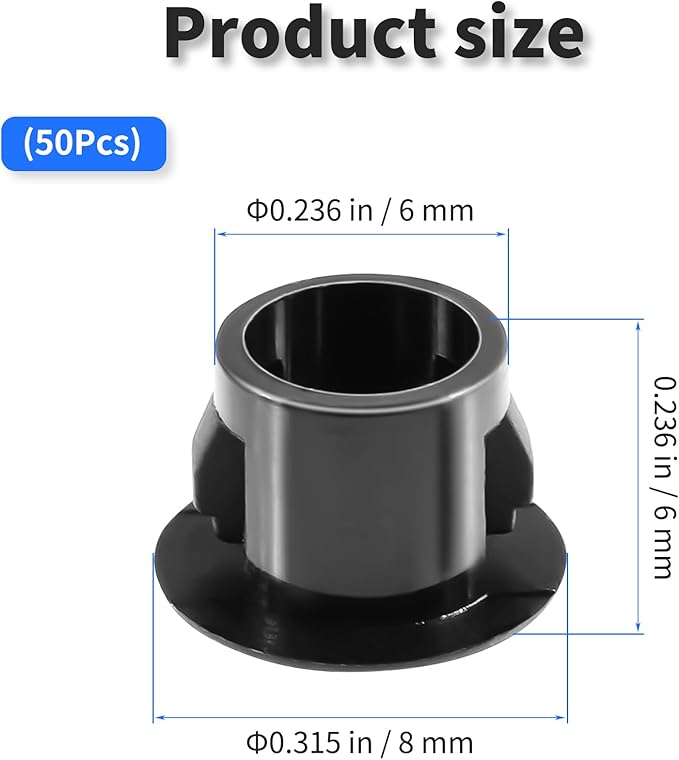 50 Pcs OD 0.236"(6mm) Black Hole Knockout Locking Plugs,Plastic Nylon Round Drilling Hole Plugs,Flush Type Panel Round Snap in Fastener,Tube Fastener Cover for Furniture Insert End Caps