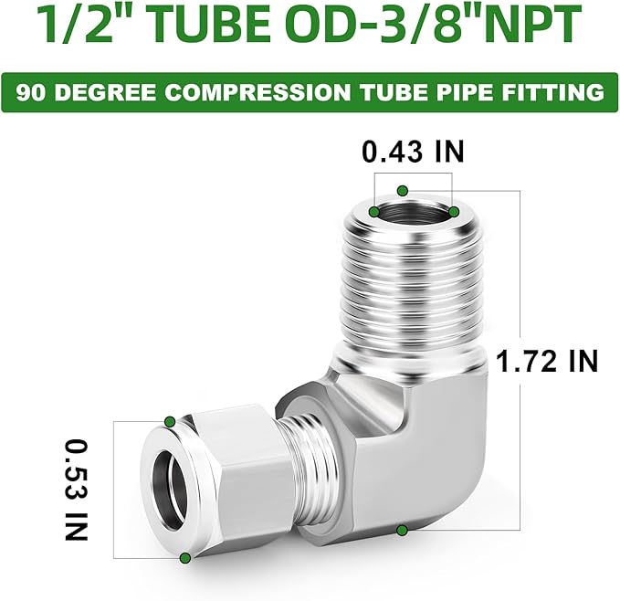 TAISHER 1PCS 316 Stainless Steel 90 Degree Compression Tube Pipe Fitting Connector, 1/2" Tube OD x 3/8" NPT Male Adapter