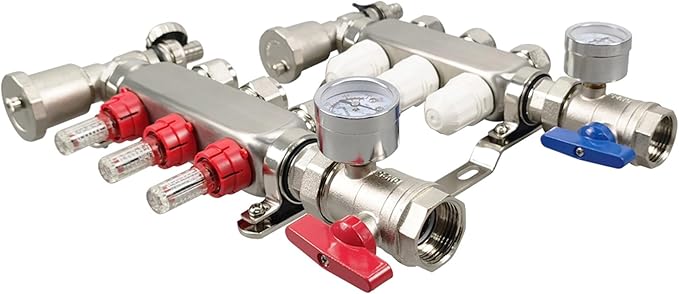 3 Branch PEX Radiant Floor Heating Manifold Set, Floor Heating Water Distributor 1/2" Pipe Adapter 304 Stainless Steel and Brass, for Heating Systems