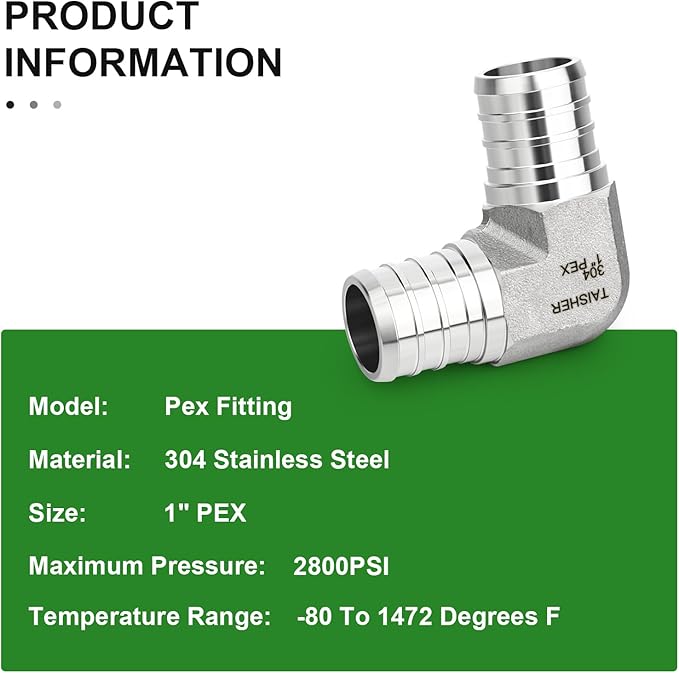 TAISHER 2PCS 304 Stainless Steel 90 Degree Elbow Pex Fittings, 1" Pex Fitting With 4PCS Hose Clamp For Pex Tubing Pipe