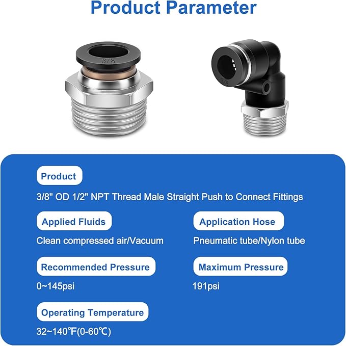 12 Pcs Push to Connect Fittings 3/8 Inch Tube OD x 1/2 Inch NPT Thread Pneumatic Male Straight and Elbow Quick Connect Air line fittings