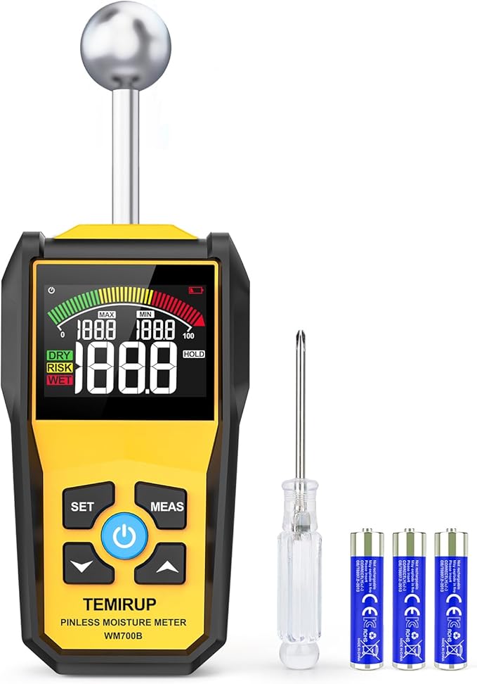 Moisture Meter, TEMIRUP Pinless Moisture Meter –Wood Moisture Detector for Walls, Drywall, Firewood & Concrete, Digital Moisture Tester with 3-Color LCD Display Reader, Audible Alarm & Hold Function