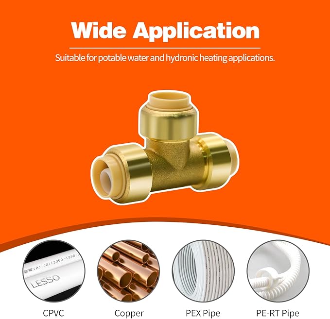 12 Pack Push-to-Connect Plumbing Fittings, 1/2" Pushfit Tee Fittings with Disconnect Clip for Copper, PEX, CPVC Pipe