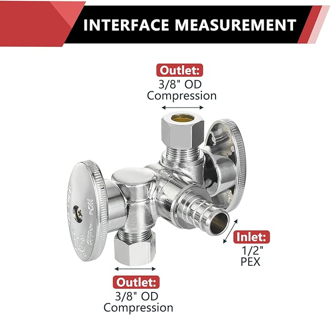 2-Pack EFIELD 1/4 Turn Dual Compression Outlet Angle Stop Valve with 2 Shut Off Valve/Handles, 1/2" Barb Crimp Pex Pipe Inlet X (3/8 inch x 3/8 inch),Chrome Plated…,(VALVE175-2PCS)