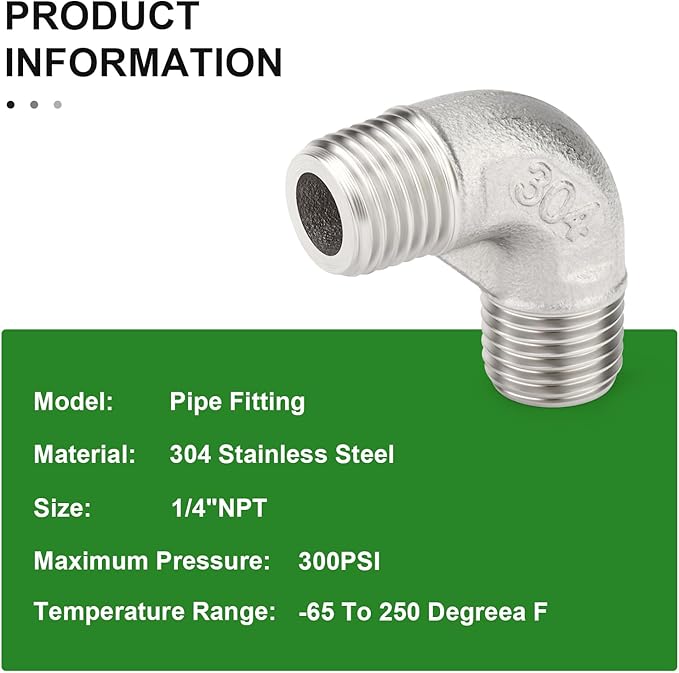 TAISHER 2PCS 304 Stainless Steel 90 Degree elbow,1/4" NPT Male × 1/4" NPT Male Thread Pipe Fitting