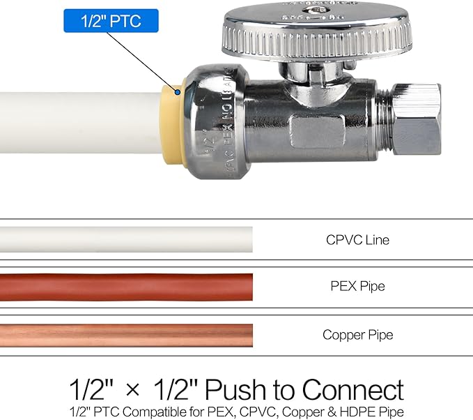 Stop Valves, 1/2" × 3/8" Straight Stop Valve, 1/2" PTC Input, 3/8" OD Compression Output, Push to Connect, 1/4 Turn, Chrome Plated Brass for Faucet, Toilet Valves, No Lead