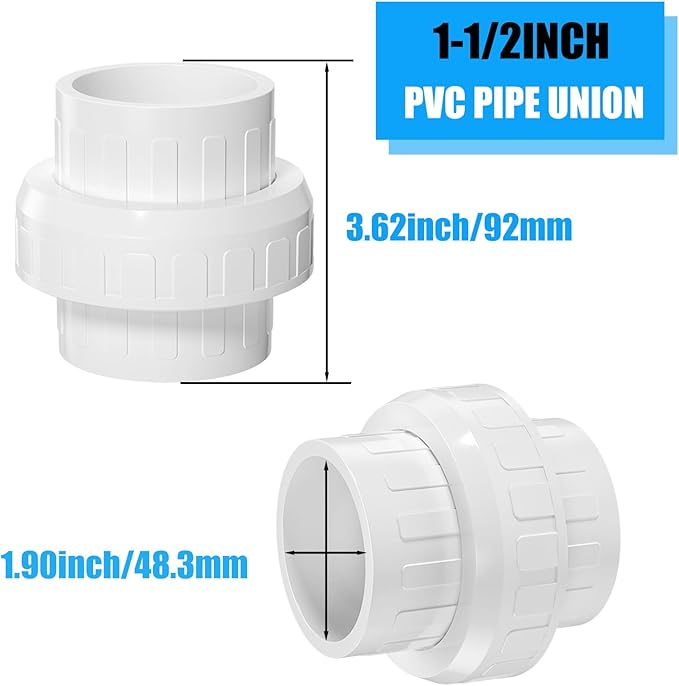 4PCS PVC Union Coupling 1-1/2Inch, Furniture Grade PVC Union Pipe Fittings with EPDM O-Ring, Schedule 40 White Slip Coupling Adapter for Irrigation, Pool & Spa System, indoor Plumbing Project