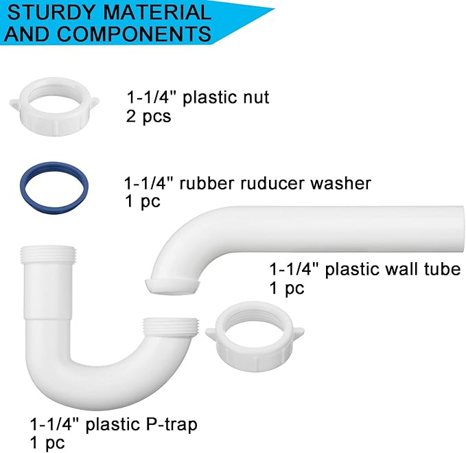(1 Pack) Yariwiz White 1 1/4 Inch Basin Sink Drain Pipe Tubular Kit, Not Used for Kitchen Sink KSD-003W