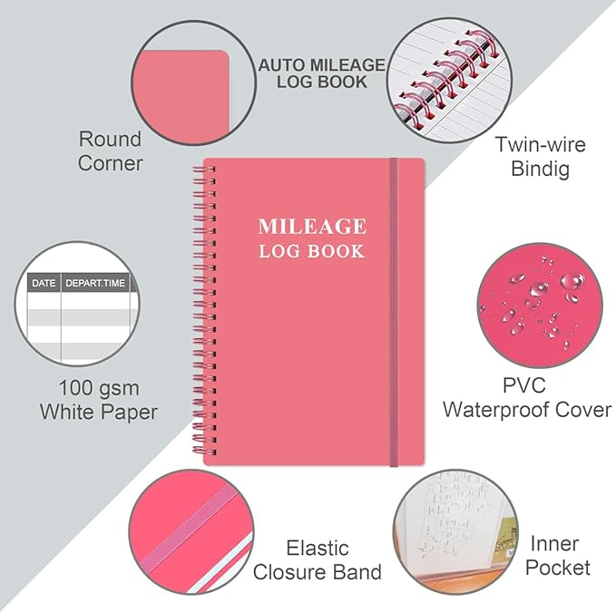 Auto Mileage Log Book for Taxes,Vehicle Maintenance Log Book, Mileage Tracker for Car with Mileage, 5.8" x 8.5", Pink