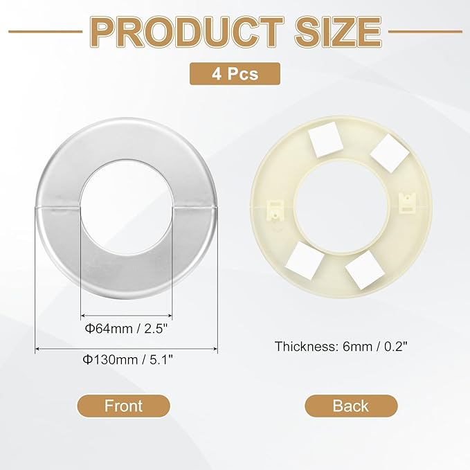 PATIKIL Wall Split Flange 130mm / 5.1" OD, 4 Pcs Round Escutcheon Plate Cover PPR Plumbing Cover Plates with Self-Adhesive Tape for 64mm / 2.5" Dia Water Pipe Faucet, Silver