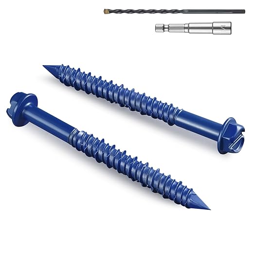 100Pcs 3/16 x 2-1/4 Inch Concrete Screws Anchor with Drill Bit, Blue Hex Head Masonry Brick Stucco Cement Block Screws, Diamond Point