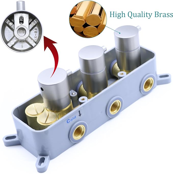 2 Function Shower Thermostatic Valve 3 Round Knob Valve Body Can Control Water Volume and Work at the Same Time Concealed Brass Bathroom Replacement Rough-In Valve(Brushed Nickel, 2-Way)