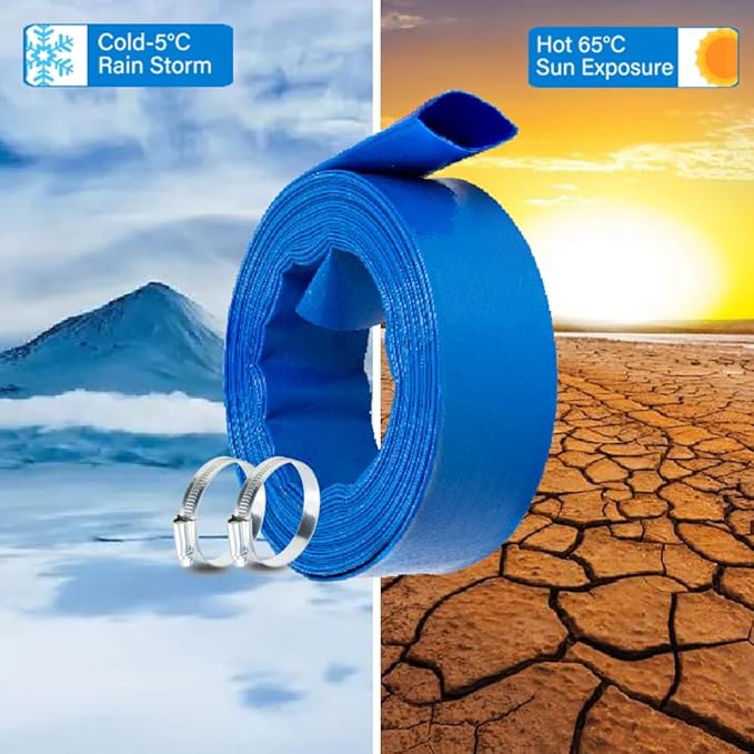 2" x50 FT, Pool Backwash Hose, Heavy-Duty PVC Hose, Lay Flat Discharge Hose, Weatherproof Burst Resistant for Water Transfer, Sump Pump, Pool Filter, Pool Drain，with 2 Clamps
