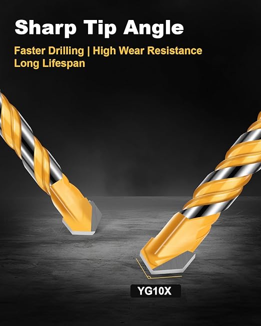 10PCS 6-Inch Masonry Drill Bit Set, YG10X Carbide Concrete Drill Bits, Shockproof Hex Shank for Tile/Brick/Cement/Glass, 5/32"-1/2", Heavy-Duty