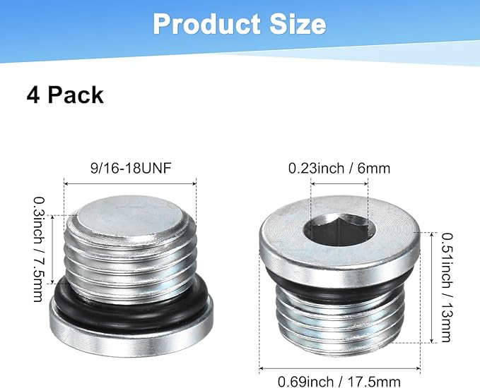 2-Pack 9/16-18UNF Inner Hex Head Pipe Fitting Plug, Carbon Steel Sensor Socket Plug with Seal O-Ring for Terminate Pipe Ends/High Pressure Washer, Sealing Screw