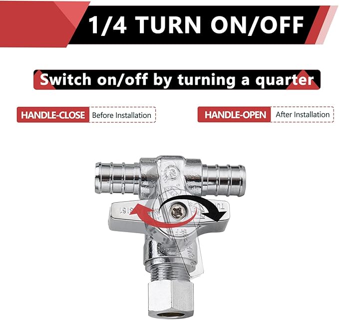 (Pack of 2) EFIELD 1/4-Turn Stop Tee Valve 1/2" Barb Crimp PEX x 1/2" Barb Crimp PEX x 3/8 Inch OD Compression Chrome,(VALVE130)