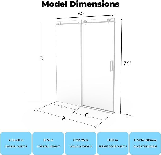 Frameless Sliding Shower Door - 56 to 60 Inch Adjustable Width x 76 Inch Height, 8mm Tempered Glass with Soft Close & Easy-Clean Coating, Stainless Steel Round Rail & 55 Rollers, Brushed Nickel Finish