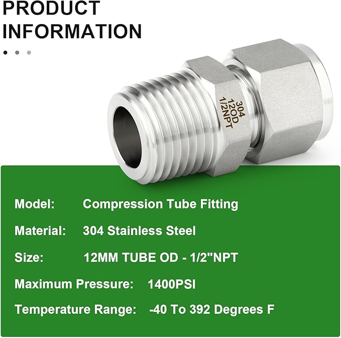 TAISHER 5PCS 304 Stainless Steel Compression Tube Pipe Fitting Connector, 12MM Tube OD x 1/2" NPT Male Straight Adapter