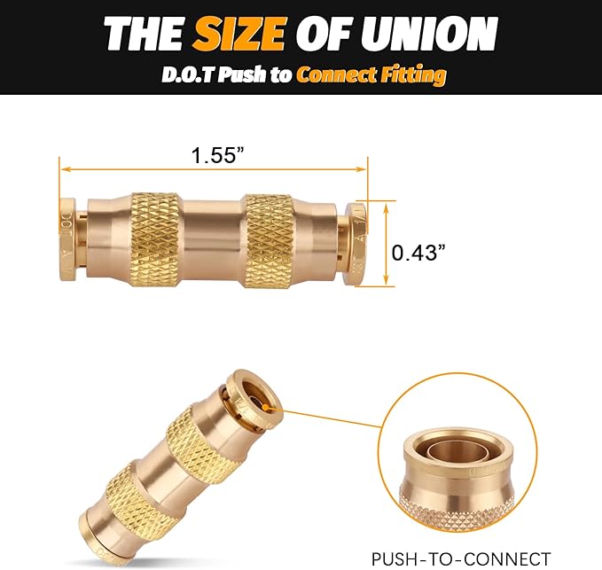 1/4" Air Brake Line Fitting, (One-quarter of an inch) DOT Brass Push in Fitting, Push to Connect Union Fittings Air Brake Union 1/4" Tube OD for Trucks Trailers andIndustrial Use (4 Pack)