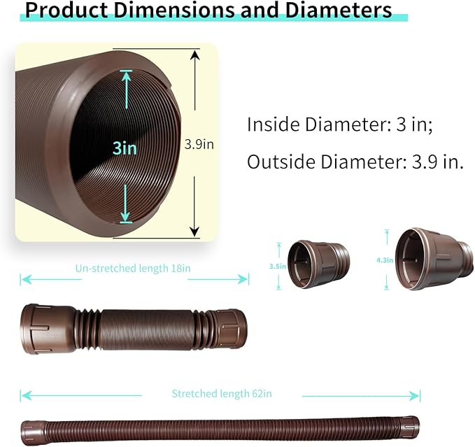 Roof Downspout Extension Pipe, Adjustable & Expandable Gutter Drain Pipe, PVC Anti-Clogging Rainwater Extension Hose for Roof Drainage（ROUND/BLACK)
