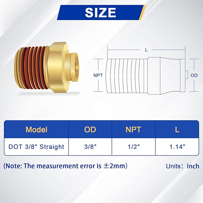 3/8" Brass Push to Connect DOT Air Brake Fittings, 3PCS Air Line Quick Connect Fittings 3/8" Tube OD x 1/2" NPT Connector Tube to Male Pipe for Truck Trailers Air Brake System