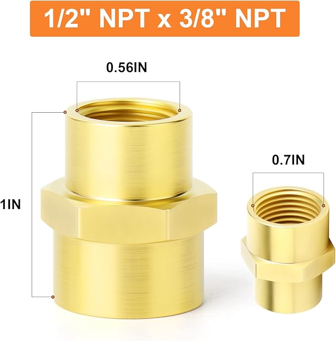 GASHER 5PCS Brass Pipe Fitting, Coupling, Reducer Adapter, 1/2" x 3/8" NPT Female