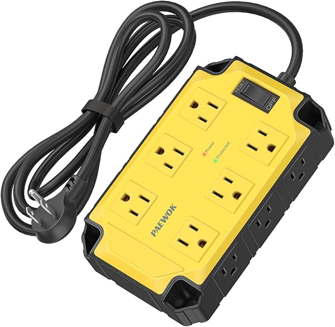 Heavy Duty Power Strip15 Amps/1200 Joules, 12 Outlets Industrial Magnetic Surge Protector, 6.5 FT Extension Cord for Industrial Shop Garage (Yellow)