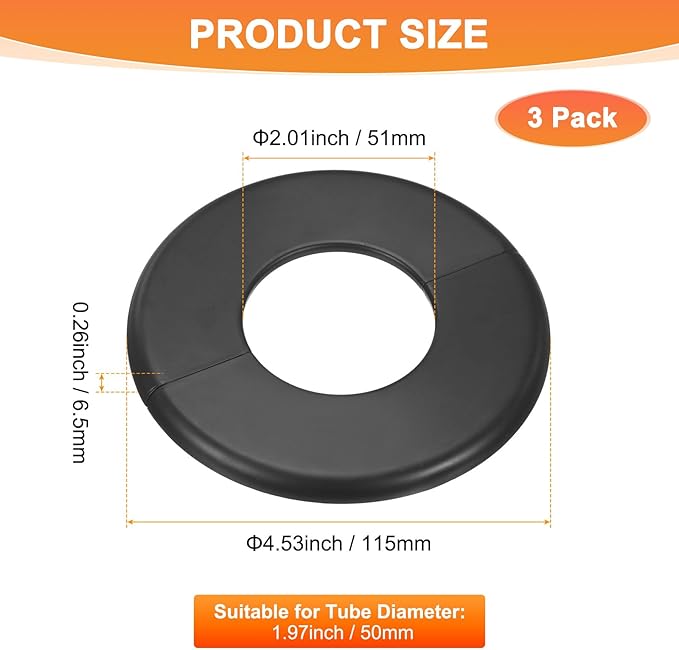 3-Pack Wall Split Flange, ABS Round Self-Adhesive Escutcheon Plate Cover Buckle for 50mm/1.97 in Dia Pipe Accessories/Floor/Ceiling, Plumbing Cover Plates [Black,6.5mm/0.26in H]