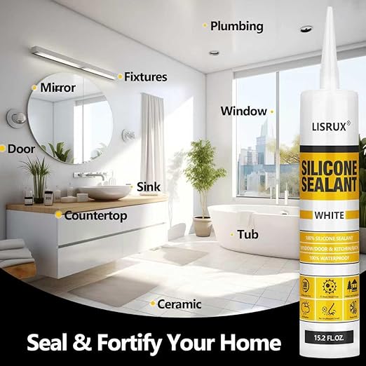 White Advanced Silicone Caulk, 100% Waterproof Silicone Sealant Indoor Outdoor Caulking for Window, Door, RV, Roof, Auto & Marine, Kitchen, Bathroom, Glass,15.2 oz（1-Pack） No Odor