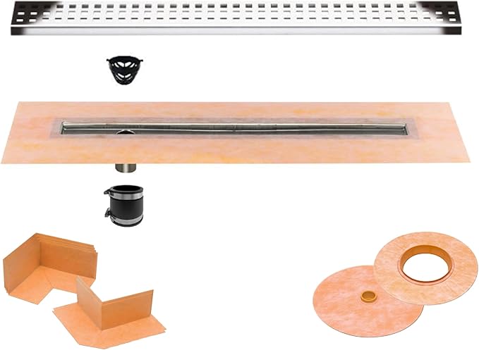 All-in-one Waterproof Linear Shower Drain Kit with 48 Inch Off-set Outlet Channel Body (KL1VO60E120) and Drain Grate Assembly (Cover) in Square Design with Chrome Finish (KL1B19EP120)