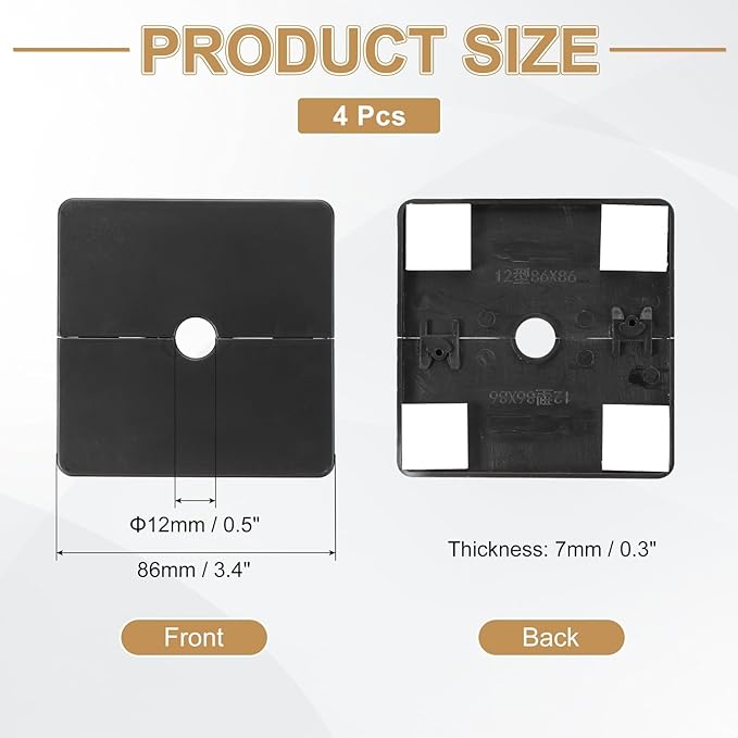 PATIKIL Wall Split Flange 86mm / 3.4" OD, 4 Pcs Square Escutcheon Plate Cover PPR Plumbing Cover Plates with Self-Adhesive Tape for 12mm / 0.5" Dia Water Pipe Faucet, Black