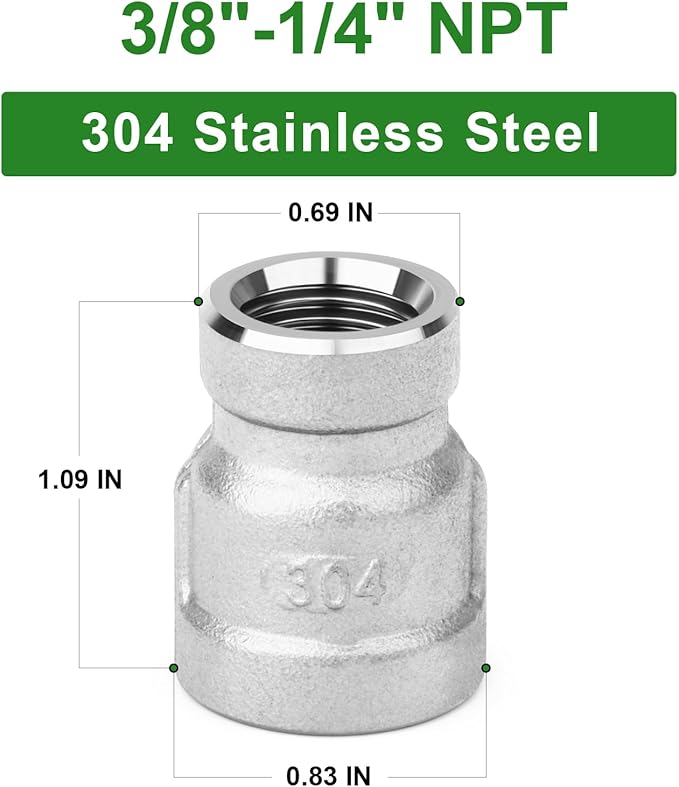 TAISHER 10PCS 304 Stainless Steel Cast Pipe Fitting, Reducer Coupling, 3/8" x 1/4" NPT Female Threaded