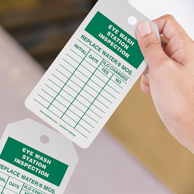 AccuformNMC 100 Tags by-The-Roll, Eyewash Station Inspection Tags with Record, US Made OSHA Compliant Eye Wash Tags, Waterproof PF-Cardstock, Resists Tears, 6.25"x3", TAR709