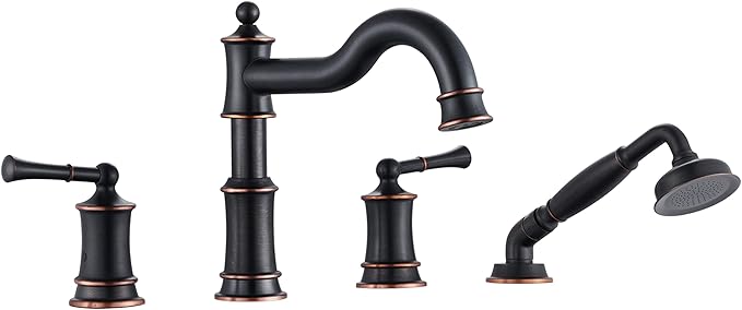 Roman Bathtub Faucet Set With Hand Shower 4 Hole Deck Mount Tub Filler With Diverter, 2 Lever Handle Rough-in Valve and Water Supply Lines Included for Bathroom Tub, ORB