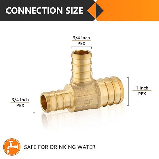 10-Pack HeSun PEX Fittings, 1"x3/4"x3/4" Pex Tee, Brass Crimp Fitting for ASTM F1807(PEX1807088-10)