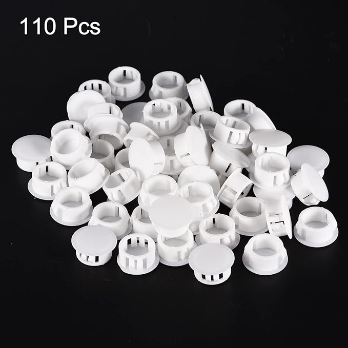 uxcell 23/32" Plastic Hole Plugs, 110Pcs Flush Type Panel Round Snap in Fastener Knockout Locking Plugs for Furniture Insert End Caps Panels, White