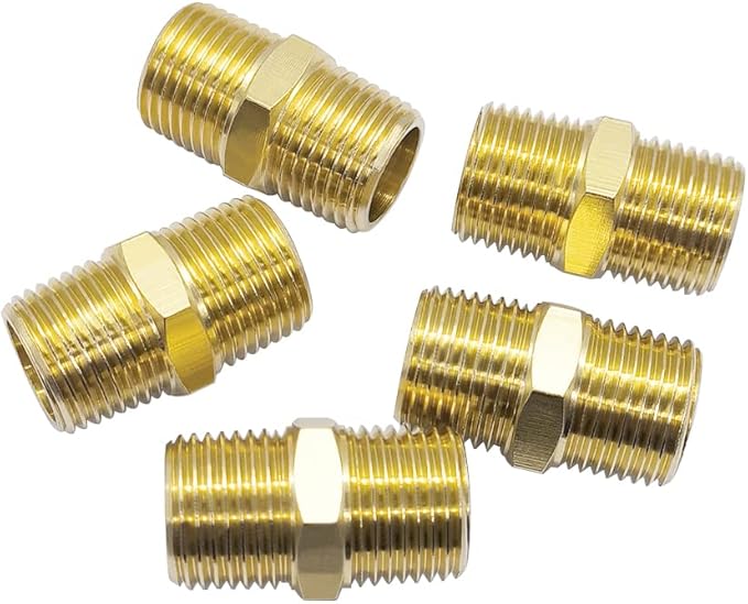 Hooshing 2PCS Brass Hex Nipple 1/2" NPT Male x 1/2" NPT Male Pipe Nipple Adapter Fitting