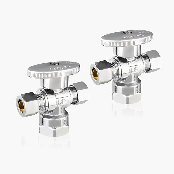 2-Pack GUOFIS Angle Stop Valve with Dual Compression Outlet,1/2" Fip Iron Pipe Inlet x (3/8" x 3/8") Outlet Shut-off Valves(1/4 Turn,Chrome)(VALVE369-2Pack)