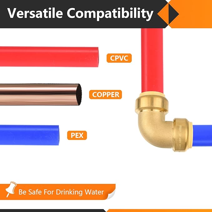 2-Pack HeSun Pushfit 90 Degree Elbow, 1" x 1" Push to Connect Plumbing Fittings with Disconnect Clip, Brass Push-fit Fittings for PEX, Copper, CPVC, PE-RT Pipes(PF050-2)