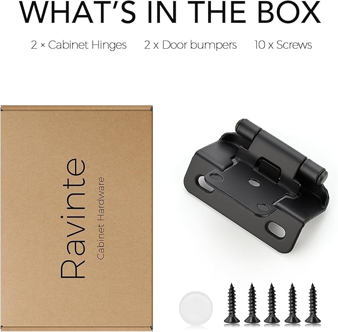 Ravinte 2 Pack 1 Pairs Semi-Overlay 1/2 inch Self-Closing Face Frame Cabinet Hinges Matte Black Half Wrap-Around Kitchen Door Hinges Face Mount Cabinet Hardware