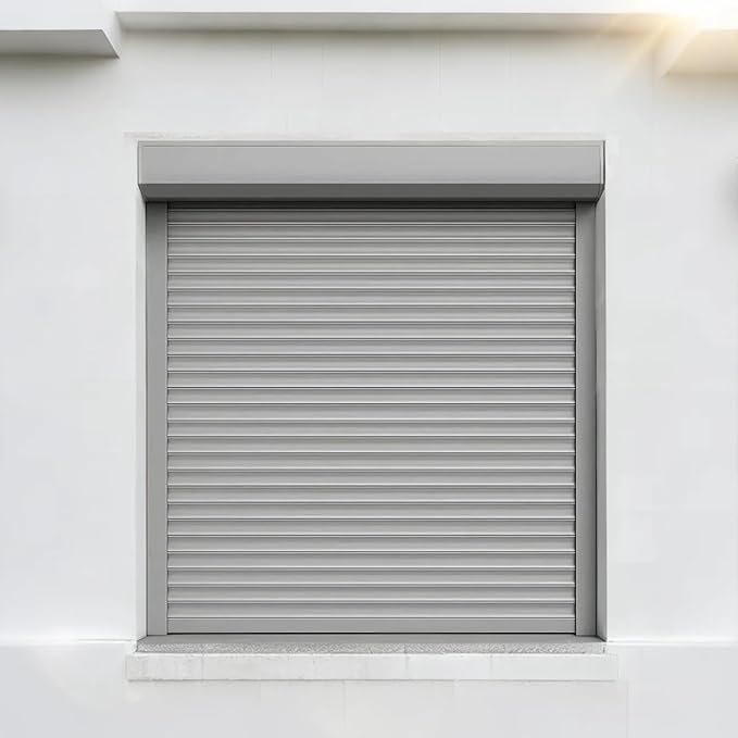 Premium Perforated Silver-Gray Aluminum Rolling Shutters – Motorized Electric Storm Protection for Windows & Doors (Light Grey)