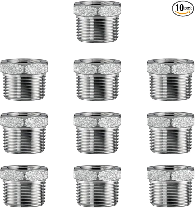 Stainless Steel 1/2" Male NPT to 1/8" Female NPT Reducer Hex Bushing Pipe Fitting Adapter (pack of 10)