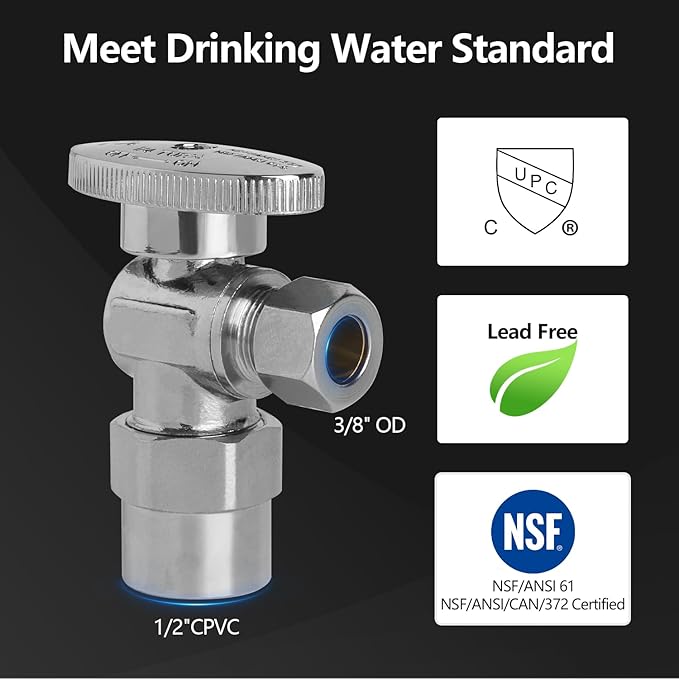 WiseWater Angle Stop Valve 1/2" CPVC x 3/8" Compression,1/4 Turn Chrome Plated Brass Plumbing Fitting for CPVC, Copper Tube (10-Pack)