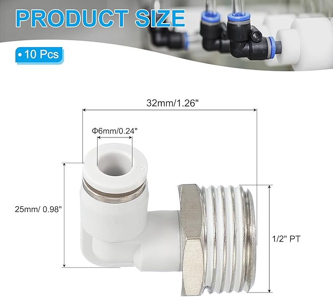 PATIKIL Push to Connect Fitting, 2 Pack Pneumatic Air Elbow Quick Connector 1/2"PT Male Thread x 6mm Tube 90 Degree Connect Tubing Elbow Air Tube Fitting Pneumatic Quick Adapter, White