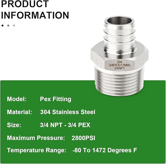 TAISHER 5PCS 304 Stainless Steel Pex Fittings,3/4" Pex x 3/4" NPT Male,3/4" Pex Fitting With 5PCS Hose Clamp For Pex Tubing Pipe